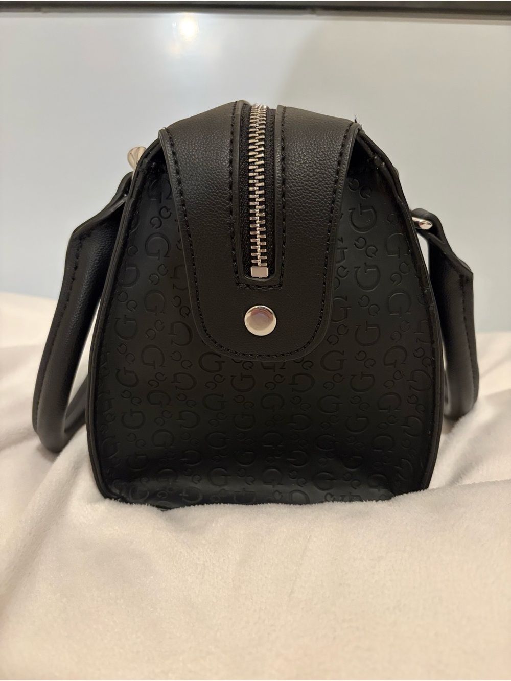 GUESS Black Embossed 4G Logo Structured Satchel Handbag With Silver Hardware - Picture 12 of 16